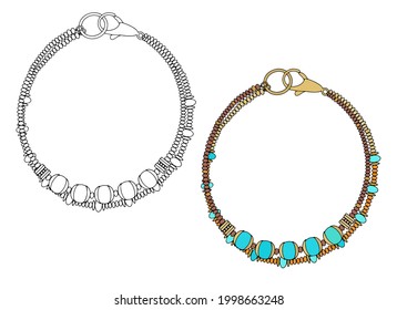 Handmade jewelry: a bracelet with turquoise beads. Vector illustration isolated on a white background.