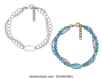 joyas hechas a mano:  pulsera en dos hilos con una gran cuenta ovalada. Ilustración vectorial aislada en un fondo blanco.