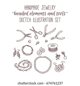 Handmade jewelry elements vector illustration set in sketch style. Collection of beads, earrings, bracelets and accessories details for different design
