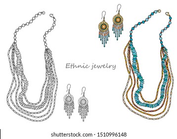 Handmade jewelry in ethnic style: beads in several rows and earrings. Vector