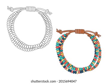 Handmade jewelry in an ethnic style: a bracelet made of multicolored beads on a leather strap. Vector illustration on a white background.