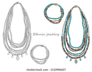 Handmade jewelry in ethnic style: long necklace and bracelet.