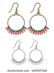 Handmade jewelry in ethnic style: round earrings with pink coral. Isolated vector illustration.