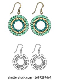 Handmade jewelry in ethnic style: round earrings with green beads. Isolated vector illustrations.