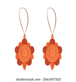 Handmade jewelry in ethnic style: round earrings with brown beads. Boho style earrings isolated on white background. Isolated vector illustrations in flat minimal style.