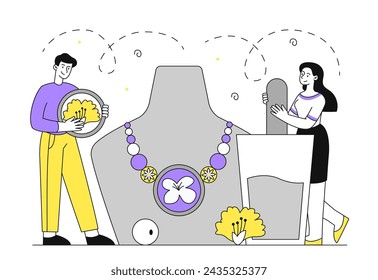 Handmade Jewelry simple. Man and woman near dummy and mannequin with costly necklace. Elegance, beauty and aesthetics. Doodle flat vector illustration isolated on white background