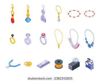 Handmade jewelry store icons set isometric vector. Shop process fashion. Gold woman jewel