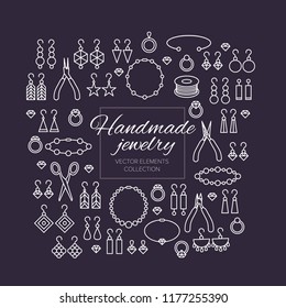 Handmade jewelry vector illustrations set. Tools and accessories linear icons collection. Earrings, bracelets, necklaces, pendants, rings with beads and diamonds