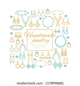 Handmade jewelry vector isolated  illustrations set. Tools and accessories flat icons collection. Earrings, bracelets, necklaces, pendants, rings with beads and diamonds