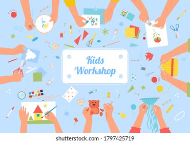 Handmade kids workshop creative illustration. Developing hobby for children active handicraft as fun art drawing colored applique making soft toys and weaving beaded bracelets. Vector create cartoon.