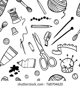 Handmade Kit Icons Seamless pattern: Sewing, Needlework, Painting, Knitting. Arts and crafts hand drawn sketch supplies, tools, design elements. Hobby tools background