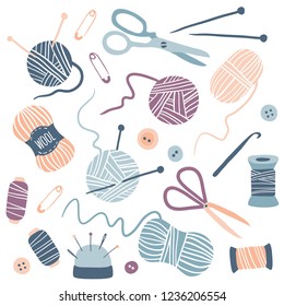 Handmade Kit Icons Set: Sewing, Needlework, Knitting: scissors, thread, needles, yarn balls. Arts and crafts hand drawn supplies. Hobby tools collection. Flat vector illustration of equipment.