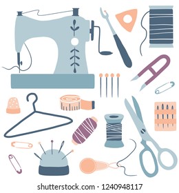 Handmade Kit Icons Set: sewing machine, scissors, thread, needles, measuring tape. Arts and crafts hand drawn supplies. Tailor tools collection. Flat vector illustration of hobby equipment.