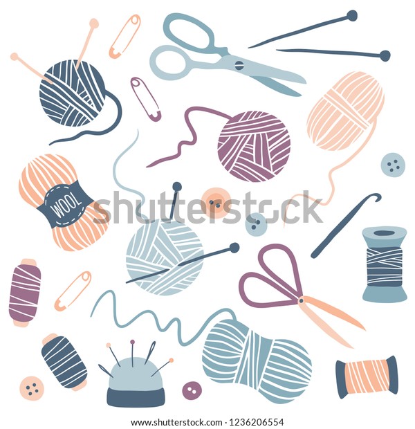 Handmade Kit Icons Set: Sewing, Needlework,\
Knitting: scissors, thread, needles, yarn balls. Arts and crafts\
hand drawn supplies. Hobby tools collection. Flat vector\
illustration of\
equipment.