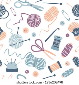 Handmade Kit seamless pattern: Sewing, Needlework, Knitting: scissors, thread, needles, yarn balls. Arts and crafts hand drawn supplies. Hobby tools collection. Vector illustration of equipment