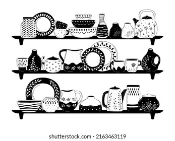 Handmade kitchenware for decoration design ceramic studio. Cooking background. Kitchen utensils set. Tableware hand drawn vector illustration