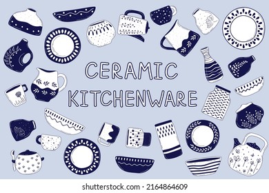 Handmade kitchenware for decoration design ceramic studio. Cooking background. Kitchen utensils set. Tableware hand drawn vector illustration