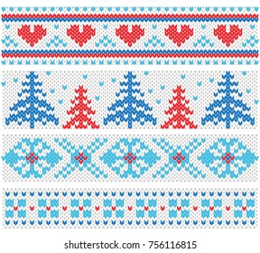 Handmade knitted borders pattern with Christmas trees and hearts, scandinavian ornaments.