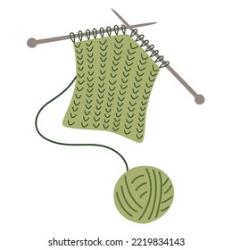 Handmade knitted piece icon, knitting sweater, doodle illustration of yarn ball and knitting needles, trendy needlework vector icon, isolated colored clipart on white background