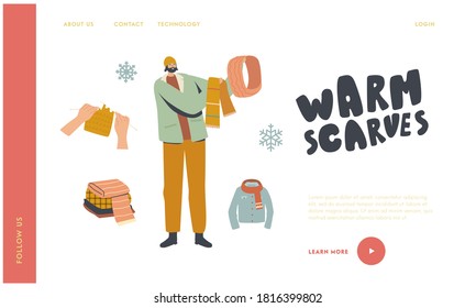Handmade Knitted Things for Cold Weather Landing Page Template. Male Character Choose between Knitted Scarf and Hood for Walking Outdoor. Fashioned Garment, Apparel. Linear Vector Illustration
