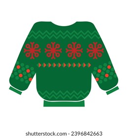 Handmade knitted warm sweater with Norwegian national holiday pattern in red and green colors. Winter sweater in handmade knitted ornate style. Simple flat vector isolated on white background