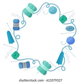 Handmade or knitting background with frame of yarn skeins, knitting tools,  and handmade hobby accessories in flat style vector illustration