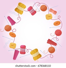 Handmade or knitting background with frame of yarn skeins, knitting tools, and needlework hobby accessories and craft icons isolated in flat style vector illustration