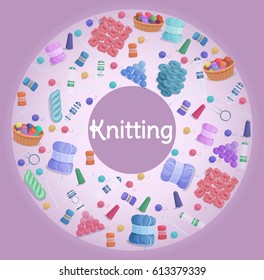 Handmade or knitting background with yarn skeins, knitting tools,  machine and handmade hobby accessories in flat style vector illustration