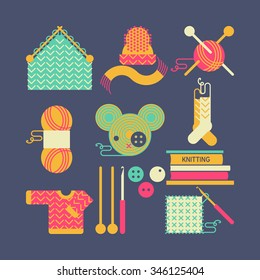 Handmade knitting illustration - Set of knitting and crafts. Yarn,  buttons, thread, needle bar and knitting needles. Collection of flat style geometry sewing vector icons. 