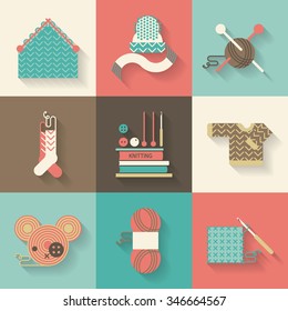 Handmade knitting illustration - Set of knitting and crafts. Yarn, buttons, thread, needle bar and knitting needles. Collection of flat style geometry sewing vector icons.