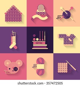 Handmade knitting illustration - Set of knitting and crafts. Yarn, buttons, thread, needle bar and knitting needles. Collection of flat style geometry sewing vector icons.