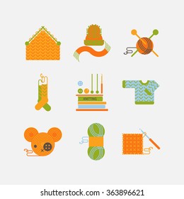 Handmade knitting illustration - Set of knitting and crafts. Yarn, buttons, thread, needle bar and knitting needles. Collection of flat style geometry sewing vector icons