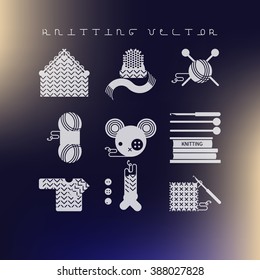 Handmade knitting illustration - Set of knitting and crafts flat icons. Yarn, buttons, thread, needle bar and knitting needles. Collection of flat style geometry sewing vector icons.