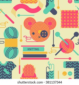 Handmade knitting seamless background. Yarn, buttons, thread, needle bar and knitting needles. Collection of flat style geometry sewing vector icons. Endless texture.