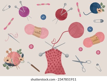 Handmade, knitting supplies set. Wool balls. Cartoon doodle objects, hobby tools. Vector illustration