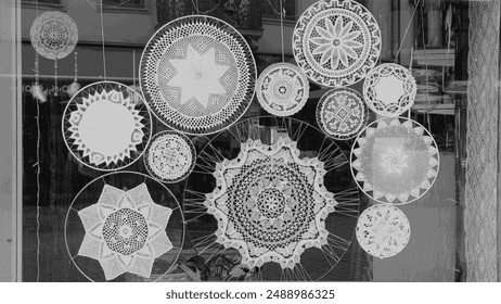 
Handmade lace on the shop window