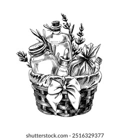 Cosméticos hechos a mano de lavanda, frascos, bomba de baño, flores y hojas de suero, en una cesta de mimbre decorada con un lazo. Ilustración dibujada a mano línea gráfica de arte de tinta en blanco y negro. Disposición de sublimación.