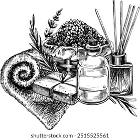 Cosméticos de lavanda artesanal, frascos, sais em uma cesta, sabão, flores e folhas, difusor de aroma em uma toalha. Ilustração desenhada à mão arte de linhas gráficas tinta preta e branca. Disposição de sublimação.