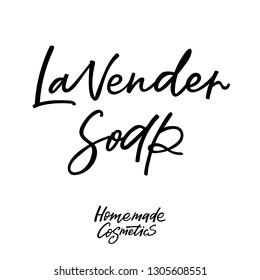Handmade lavender soap bar label with handdrawn lettering. Can be used for hommade cosmetics. Vector illustration