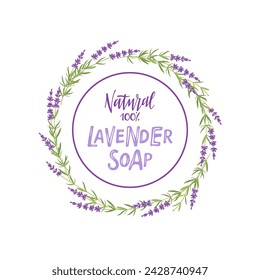 Handmade lavender soap label. Lavender Flower herbal organic icon. Lavender grass wreath Vector flat Illustration for home made natural organic product shop. Herbal organic lavender badge