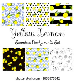 Handmade lemon vector illustration seamless pattern set, pattern collection, mixed tiles.