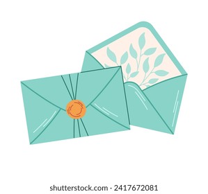 Handmade letter envelope with floral pattern. Decoration, hobby. The envelopes are sealed with wax. Isolated vector illustration.