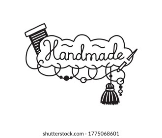 Handmade Lettering Badge Design For Sewing Or Hand Embroidery Products, Black Cartoon Vector Illustration Isolated On White Background. Logo Or Sign For Craft Production.