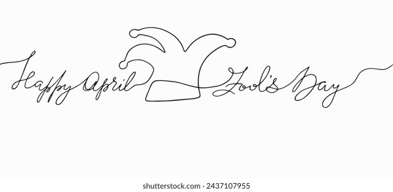 Handmade Lettering Happy April Fool's Day continuous line.Vector clipart concept continuous line isolated on white bkgr.BandW design for poster,card,label,sticker,t-shirt,web,print,stamp,tattoo,etc.