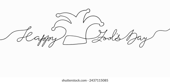 Handmade Lettering Happy April Fool's Day continuous line.Vector clipart concept continuous line isolated on white bkgr.BandW design for poster,card,label,sticker,t-shirt,web,print,stamp,tattoo,etc.