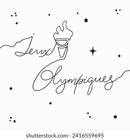 Handmade lettering Jeux Olympiques and torch. Vector clipart concept continuous line isolated on white bkgr.B and w design for poster,postcard,label,sticker,t-shirt,web,print,stamp,tattoo,etc.