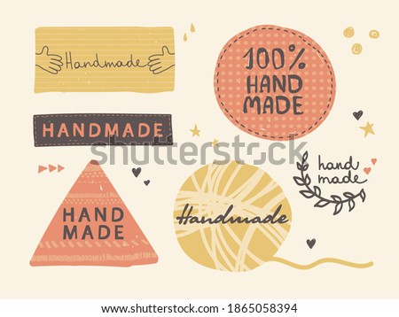 Handmade lettering label, tag set. Vector hand drawing flat sticker. Perfect for cartoon style design or your product. Calligraphy handwritten text for artisans and manufacturers. Orange, yellow, brown
