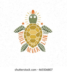 Handmade lettering, logo with colored turtle in retro, hipster style. Background and texture on separate layers.