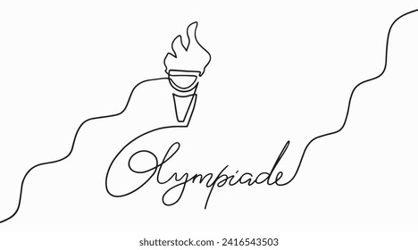 Handmade lettering Olympiade and torch. Vector clipart concept continuous line isolated on white bkgr.B and w design for poster,postcard,label,sticker,t-shirt,web,print,stamp,tattoo,etc.