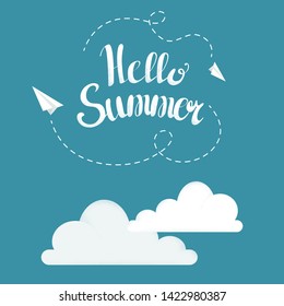 Handmade lettering text "Hello Summer" with noises on blue background with clouds and paper airplanes. Illustration with noise texture.  Minimalism style. Can yse for postcard, poster or banner.